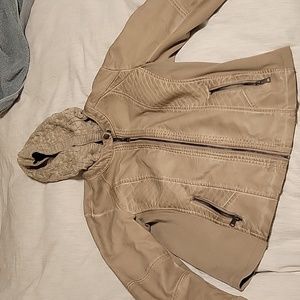 Tan fake leather jacket with removal  knit hood